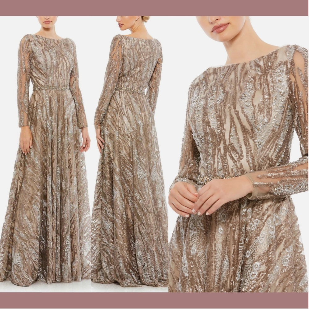 NWT $798 Mac Duggal [ 10 ] Sequin‎ Long Sleeve Bateau A-Line Gown Mocha